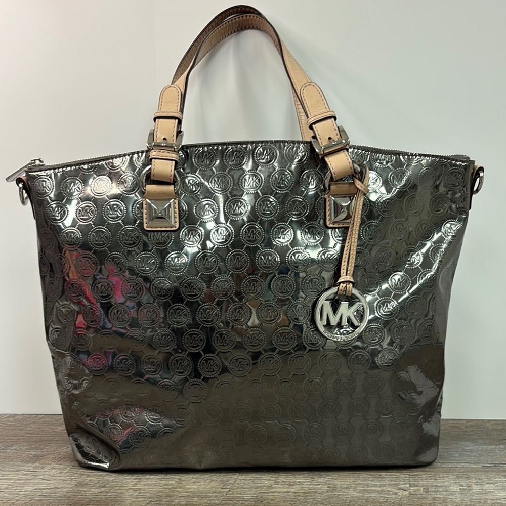 Michael Kors Jet Set MK Logo Mirror Metallic Zip Top Tote